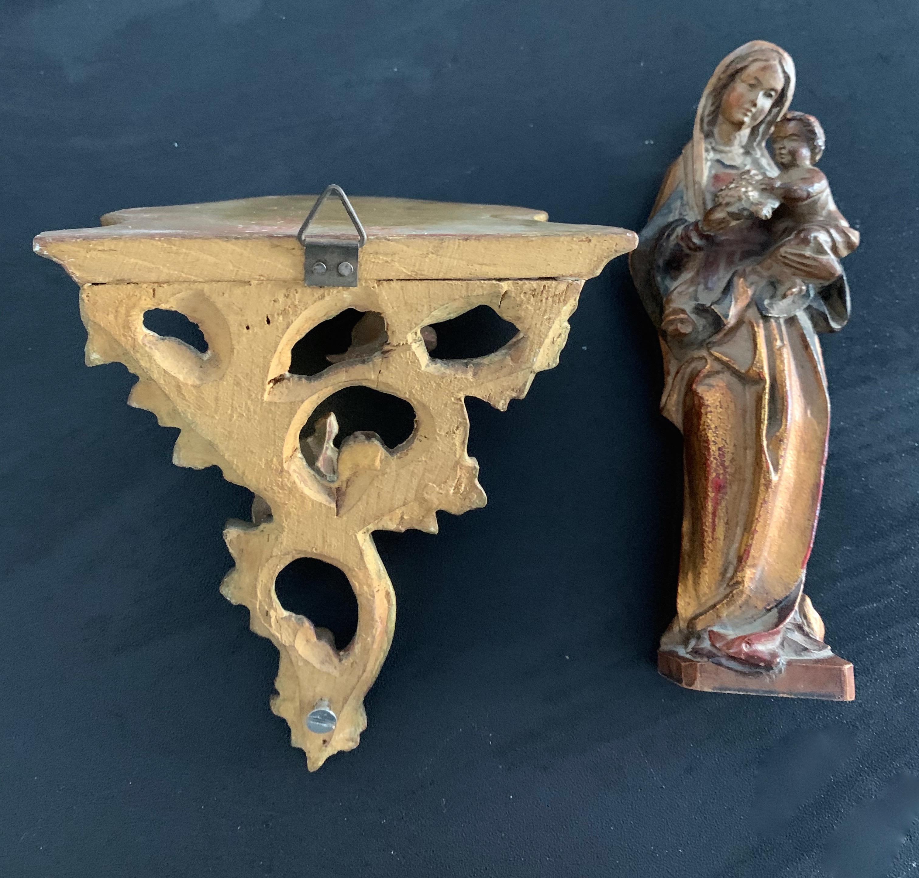 Carved Miniature Statue of Mother Mary & Child Jesus on Gilt Wooden Wall Bracket 1