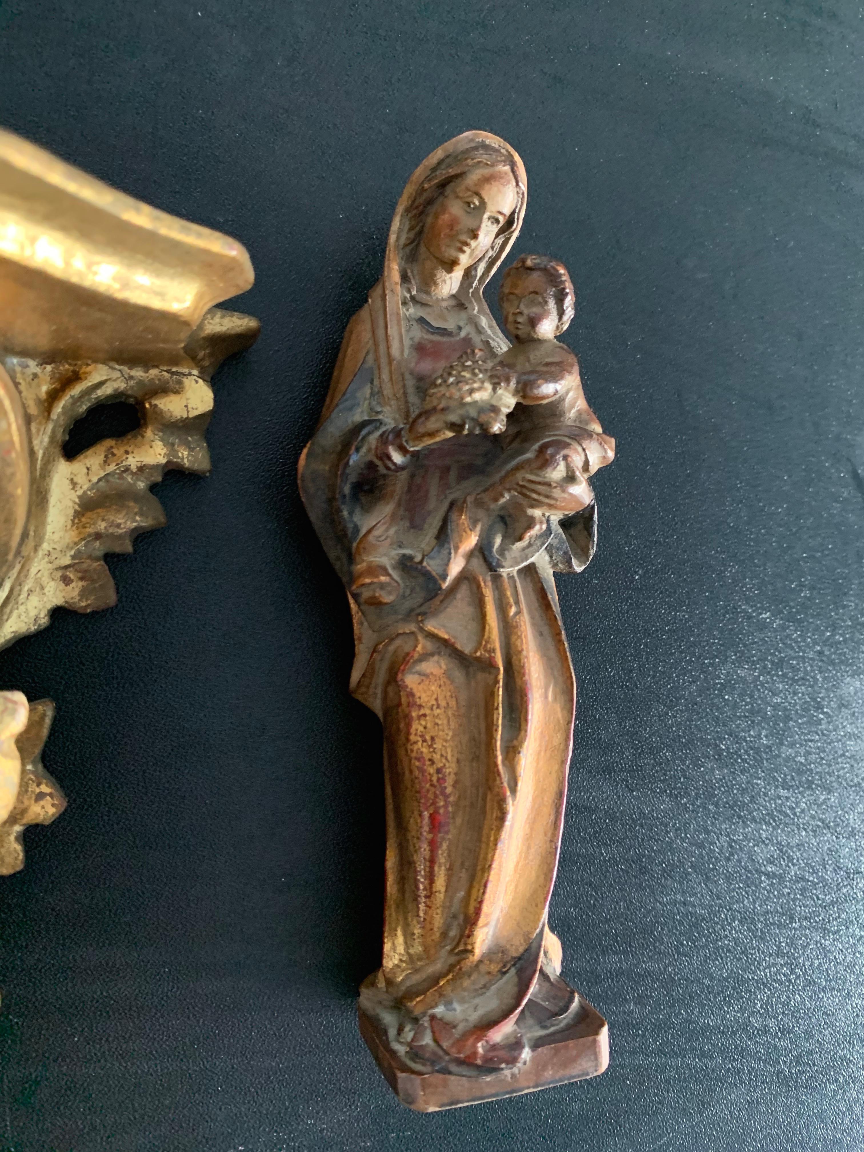 Carved Miniature Statue of Mother Mary & Child Jesus on Gilt Wooden Wall Bracket 2