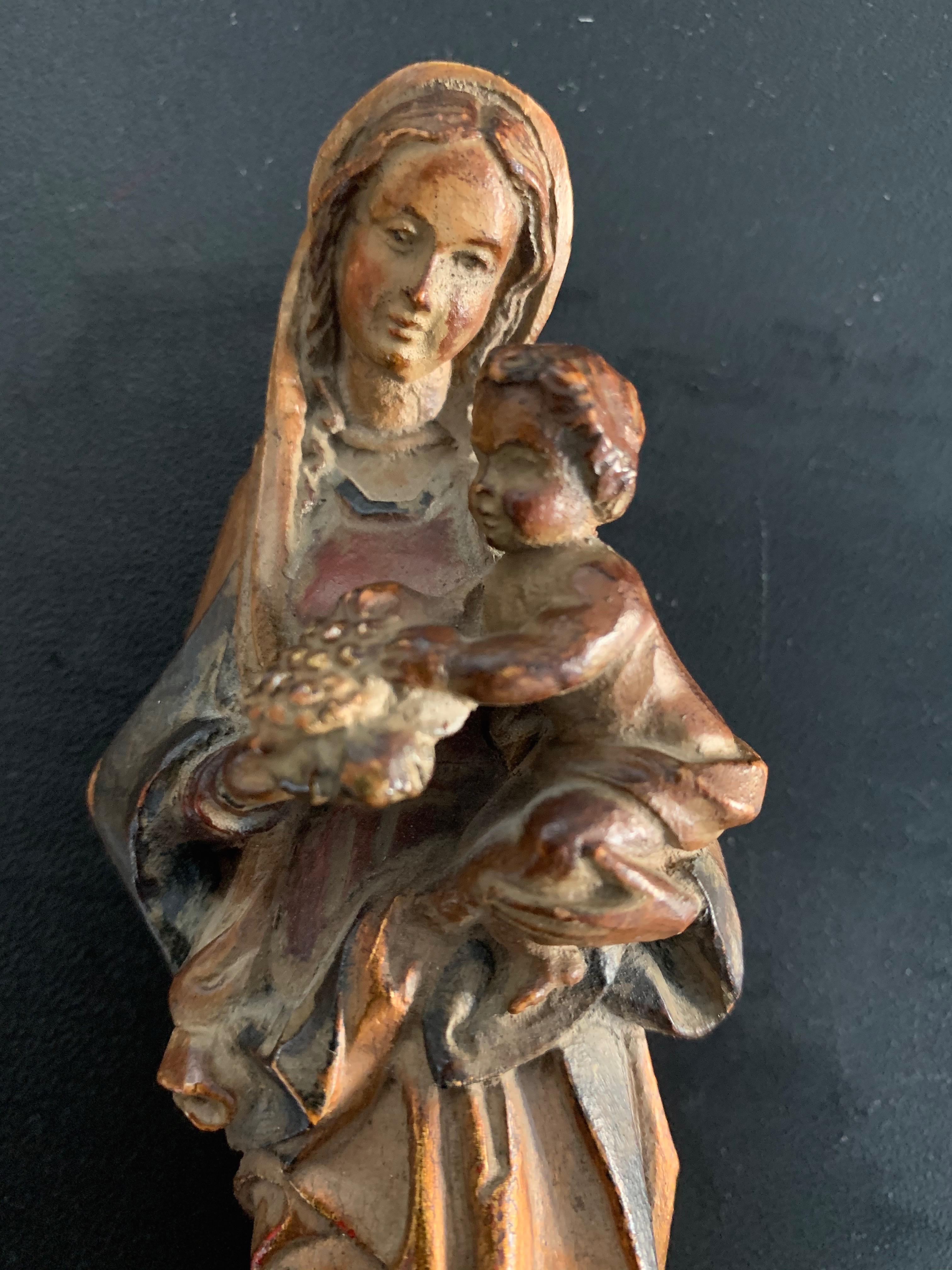 Carved Miniature Statue of Mother Mary & Child Jesus on Gilt Wooden Wall Bracket 6