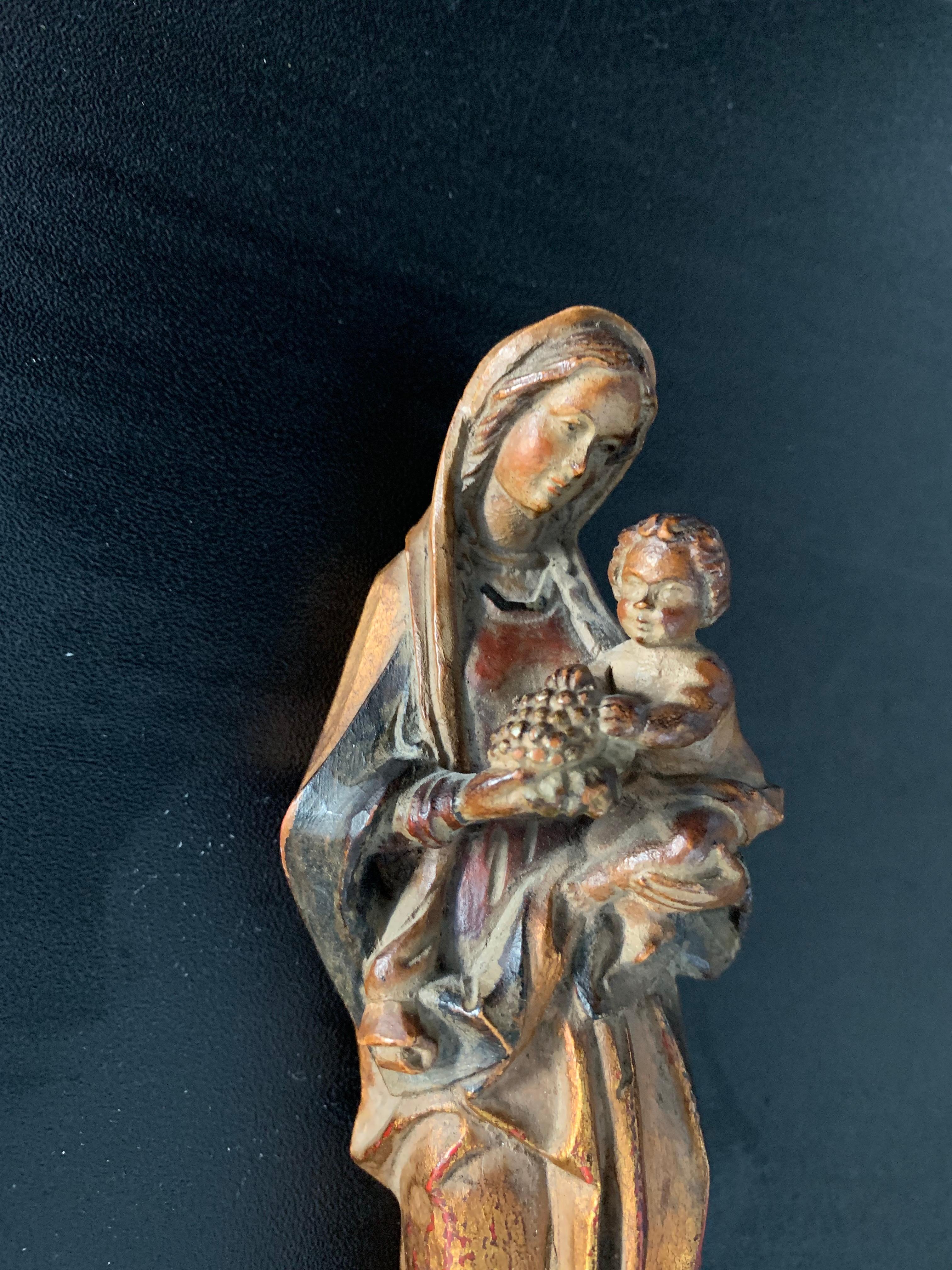 Italian Carved Miniature Statue of Mother Mary & Child Jesus on Gilt Wooden Wall Bracket
