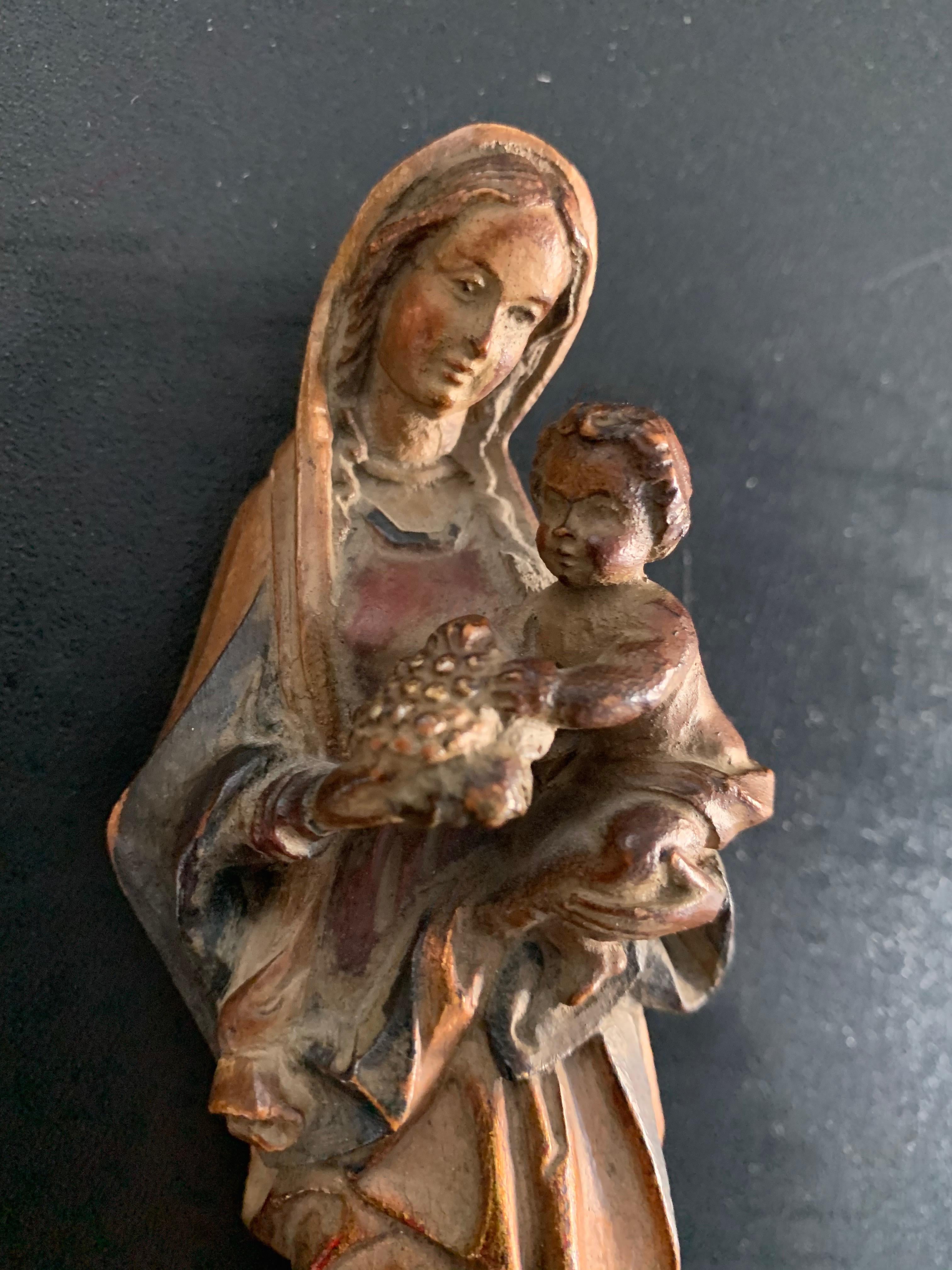 Hand-Crafted Carved Miniature Statue of Mother Mary & Child Jesus on Gilt Wooden Wall Bracket