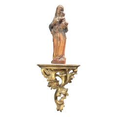 Carved Miniature Statue of Mother Mary & Child Jesus on Gilt Wooden Wall Bracket