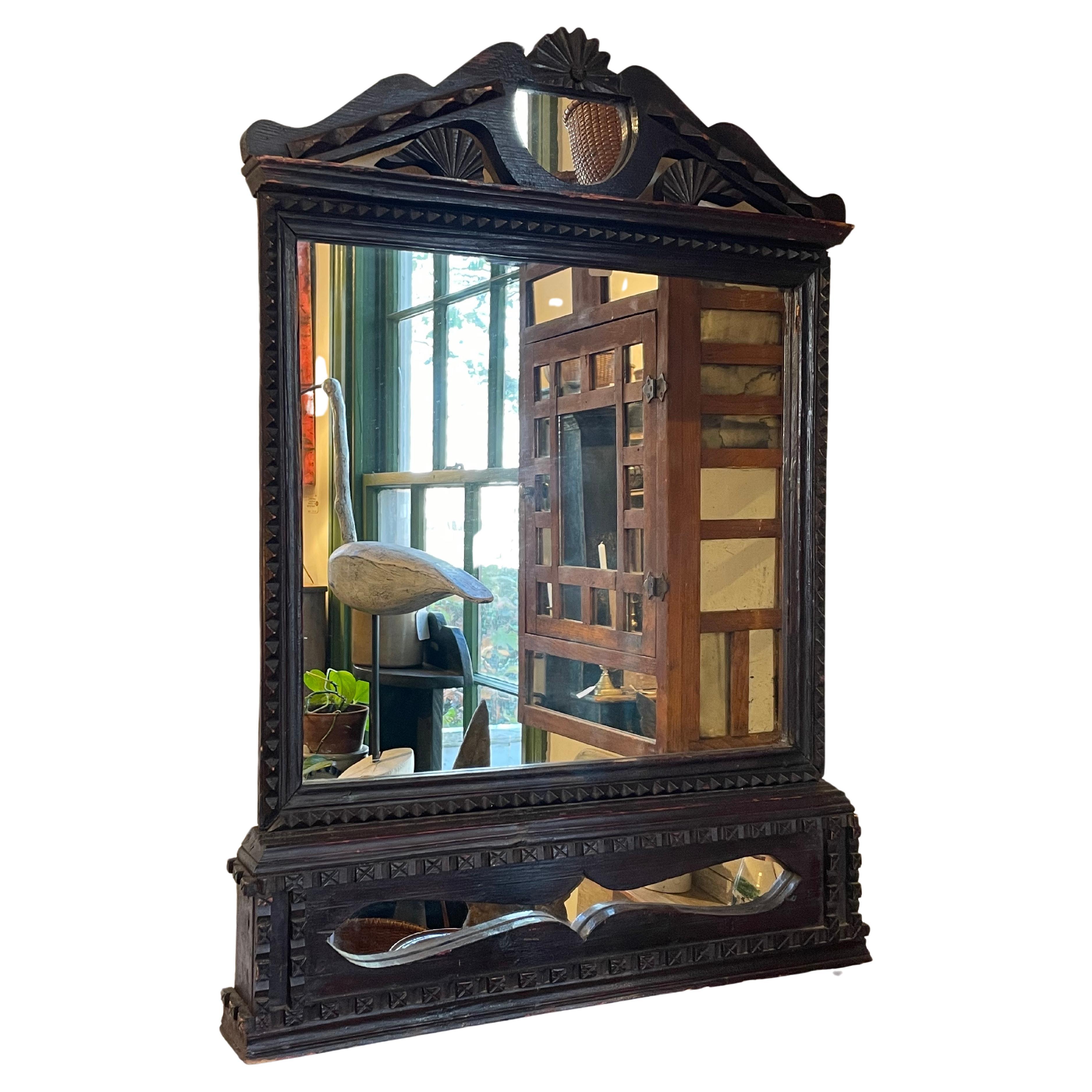 19th Century Decoratively Carved Oak Mirror with Cut-Out Details