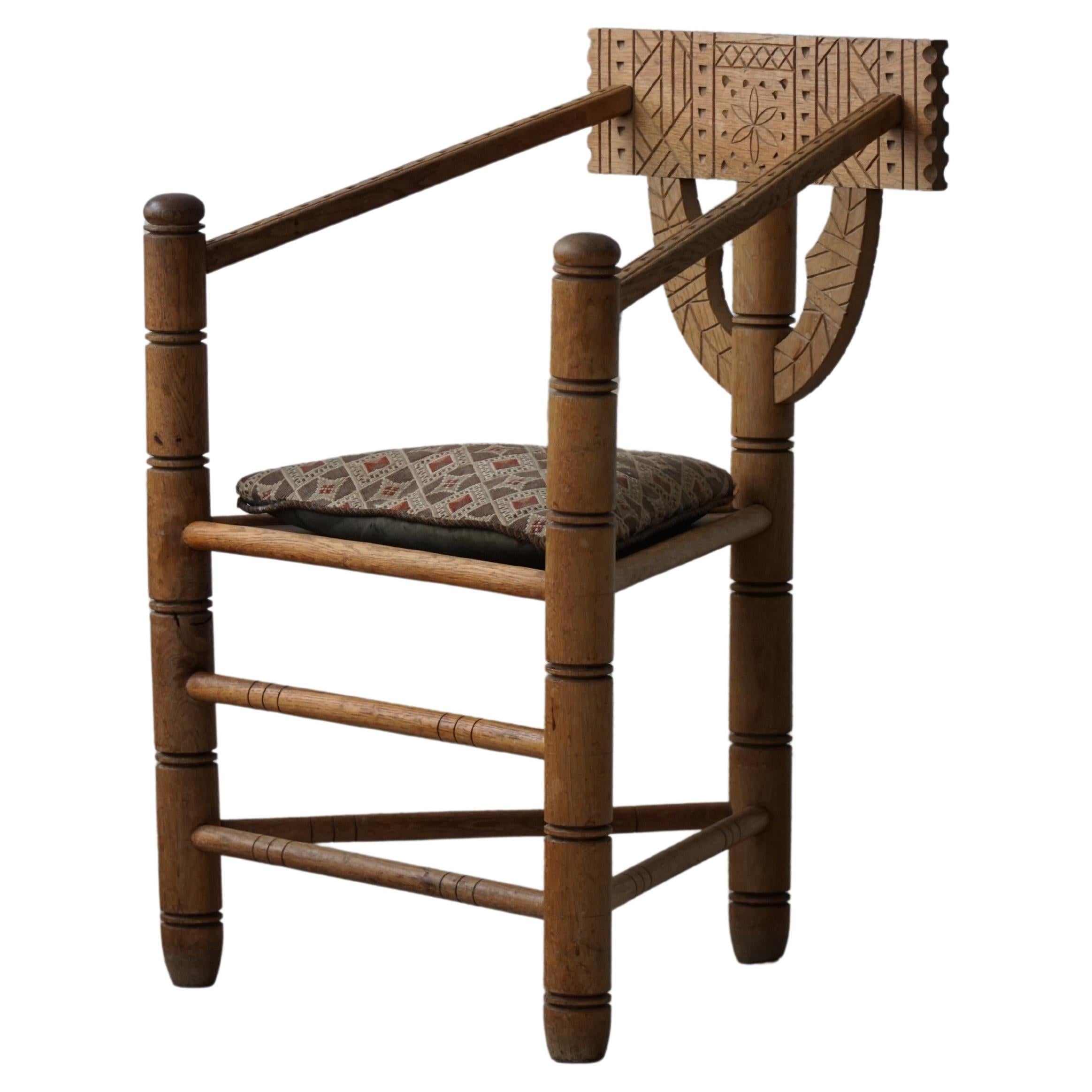 Carved Monk Chair in Solid Oak, Wabi Sabi, Swedish, Early 20th Century For Sale