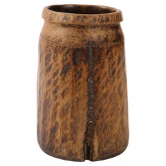 Antique Carved Wood Seed Pot, Wabi-Sabi Handmade Iron Staples, France, c. 1900