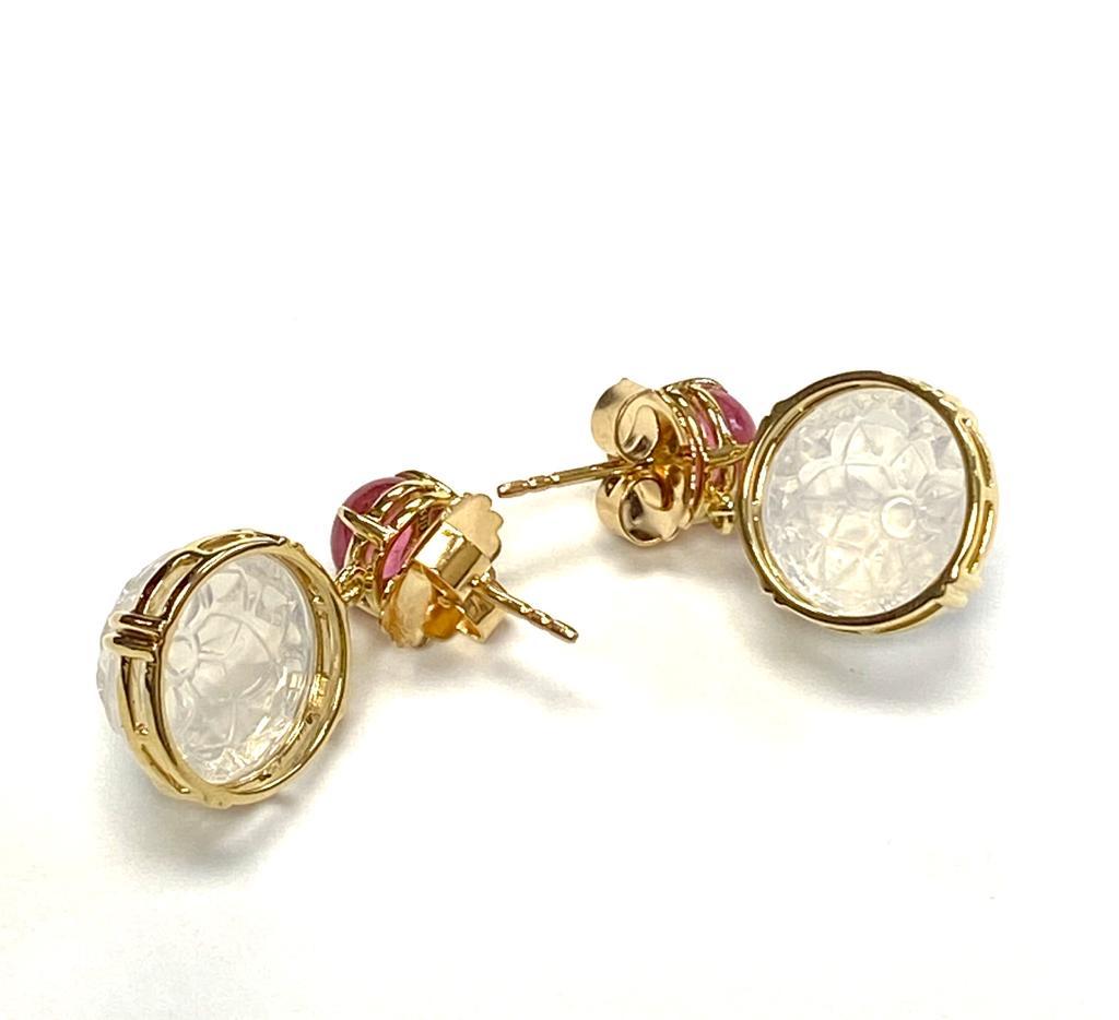 Goshwara Carved Moon Quartz And Rubelite Cabochon Earrings In New Condition In New York, NY