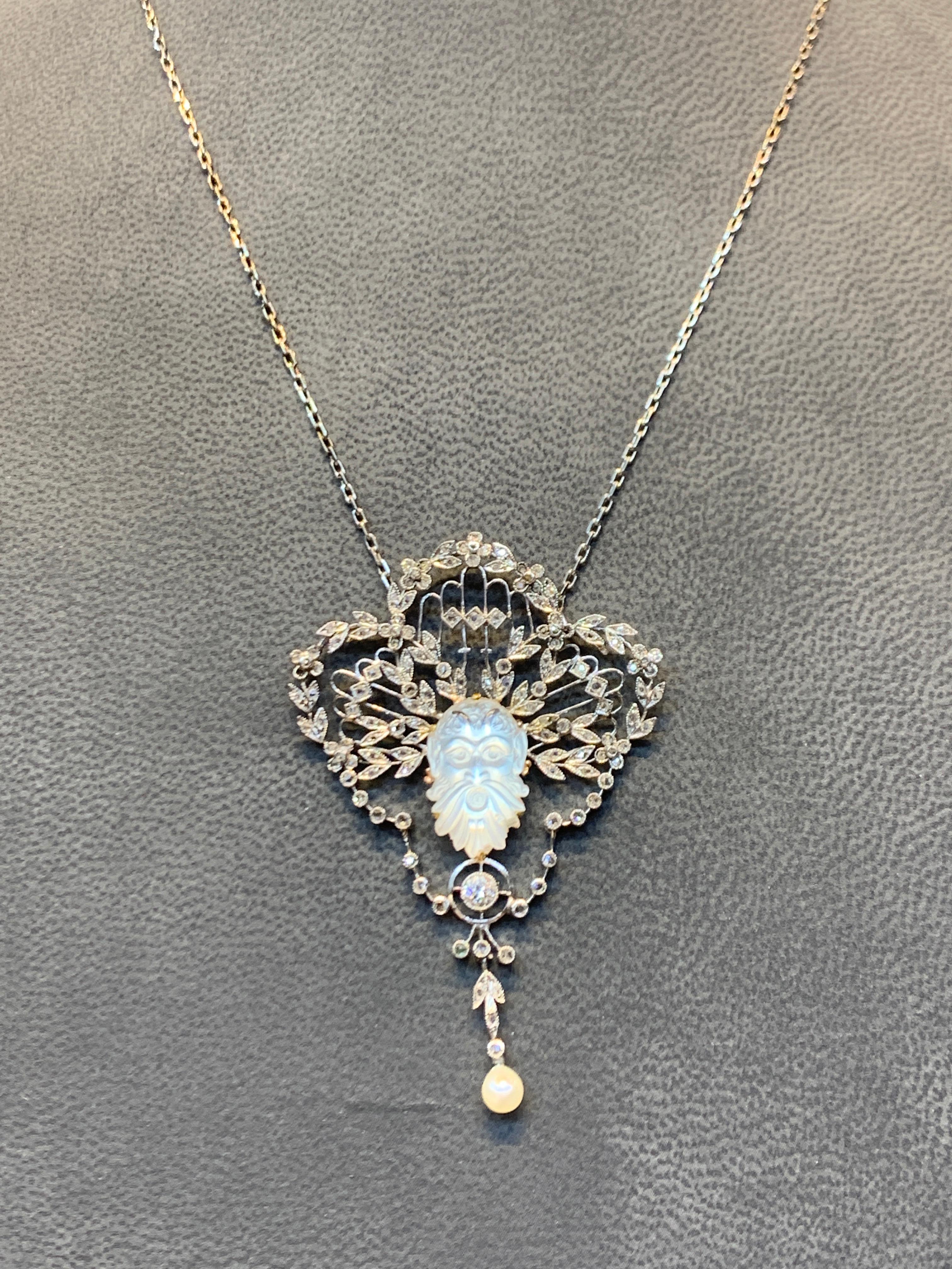 Carved Moon Stone Diamond Pendant Necklace In Excellent Condition For Sale In New York, NY