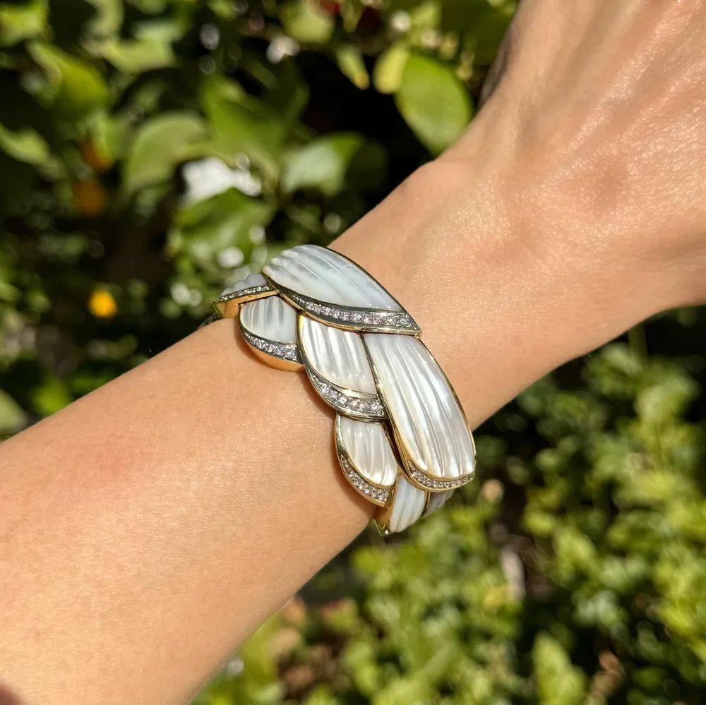 Modernist Carved MOP and Diamond Gold Vintage Statement Bangle Cuff Bracelet For Sale