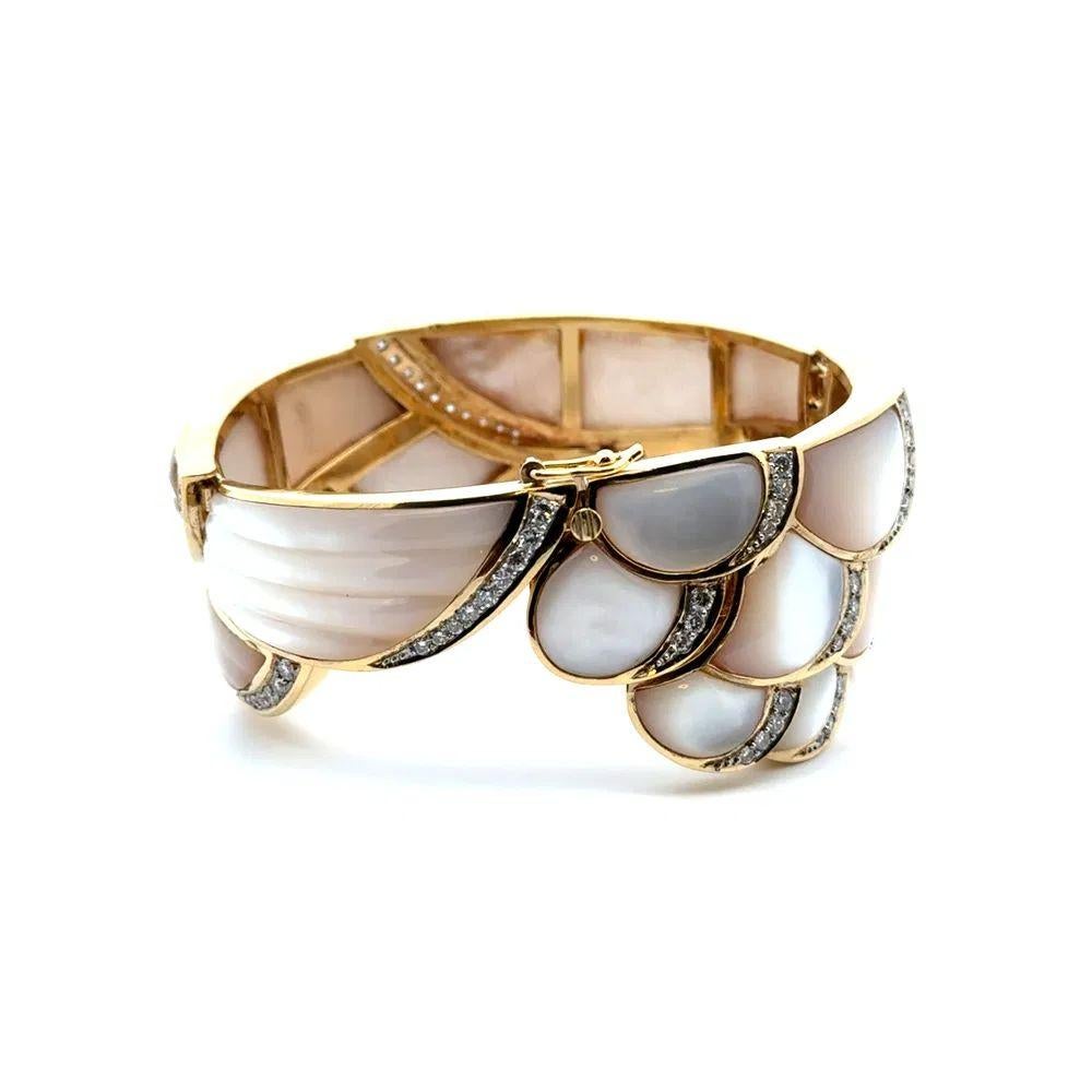 Brilliant Cut Carved MOP and Diamond Gold Vintage Statement Bangle Cuff Bracelet For Sale