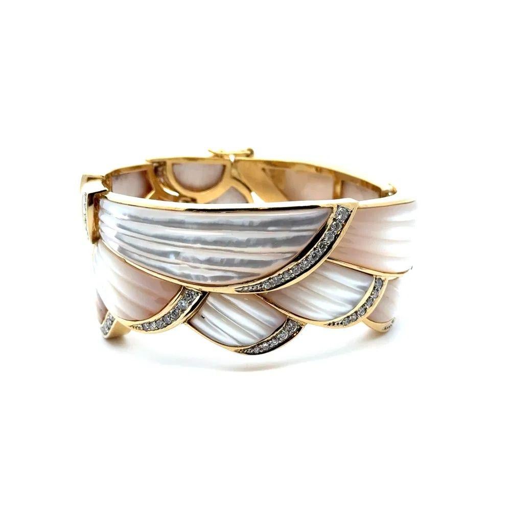 Carved MOP and Diamond Gold Vintage Statement Bangle Cuff Bracelet In Excellent Condition For Sale In Montreal, QC