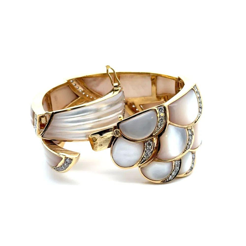 Women's Carved MOP and Diamond Gold Vintage Statement Bangle Cuff Bracelet For Sale