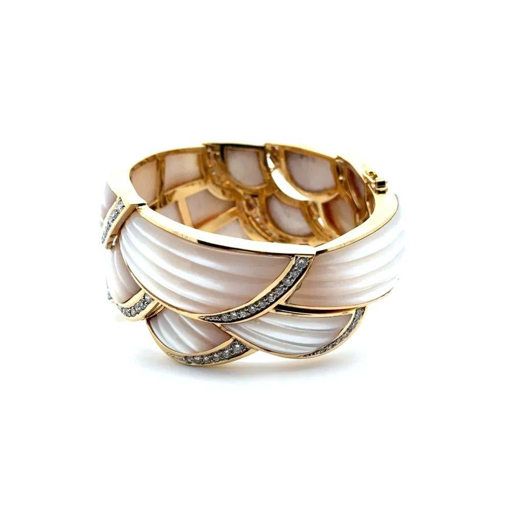 Carved MOP and Diamond Gold Vintage Statement Bangle Cuff Bracelet For Sale 1