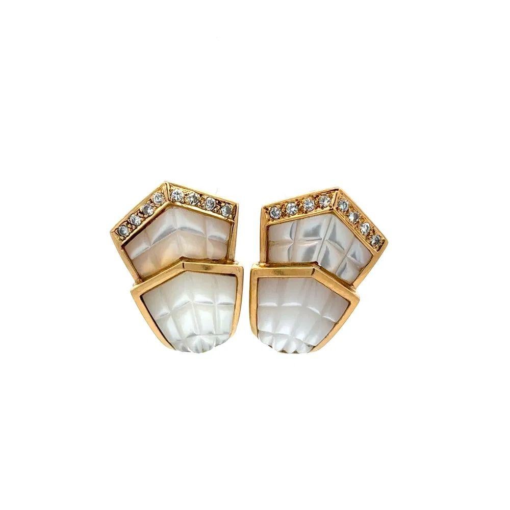 Modernist Carved MOP and RBC Diamond Gold Statement Vintage Clip Earrings For Sale