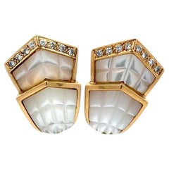 Carved MOP and RBC Diamond Gold Statement Vintage Clip Earrings