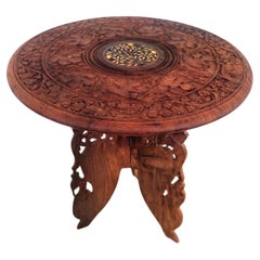 Carved Moroccan Brass Inlaid Side Table