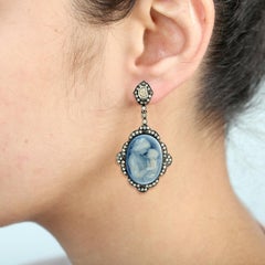 Carved Mother & Daughter Art Cameo Earring with Diamonds in 18k Gold & Silver