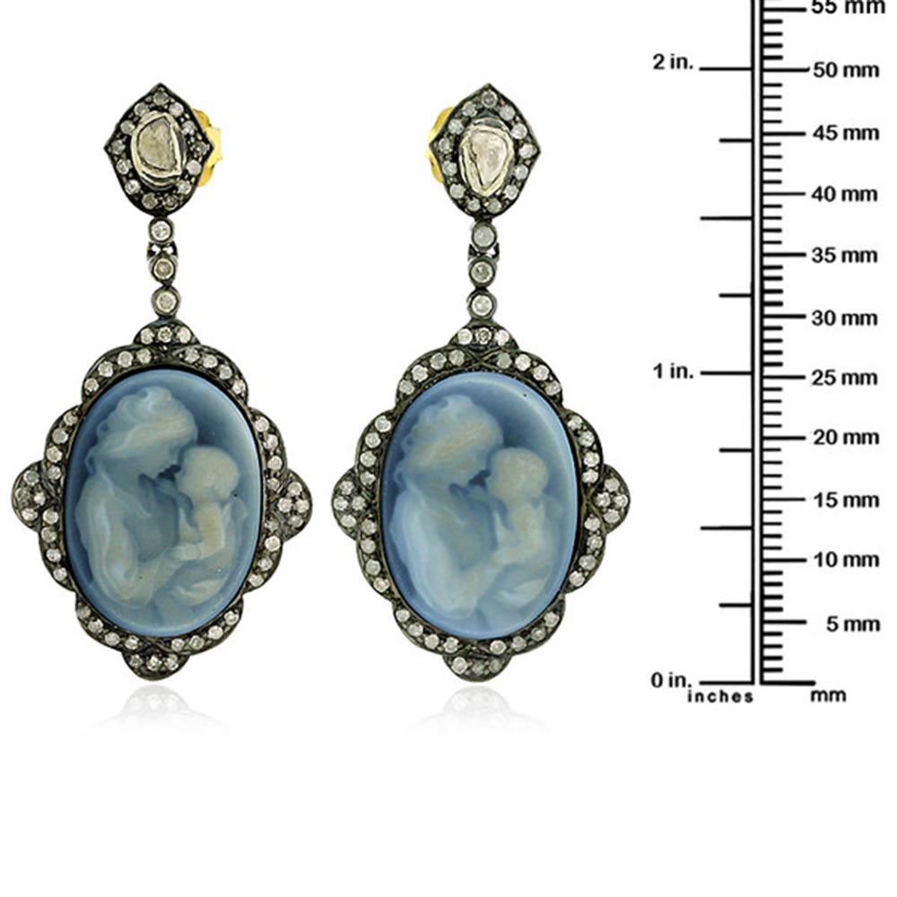 Art Nouveau Carved Mother & Daughter Art Cameo Earring with Diamonds in 18k Gold & Silver For Sale
