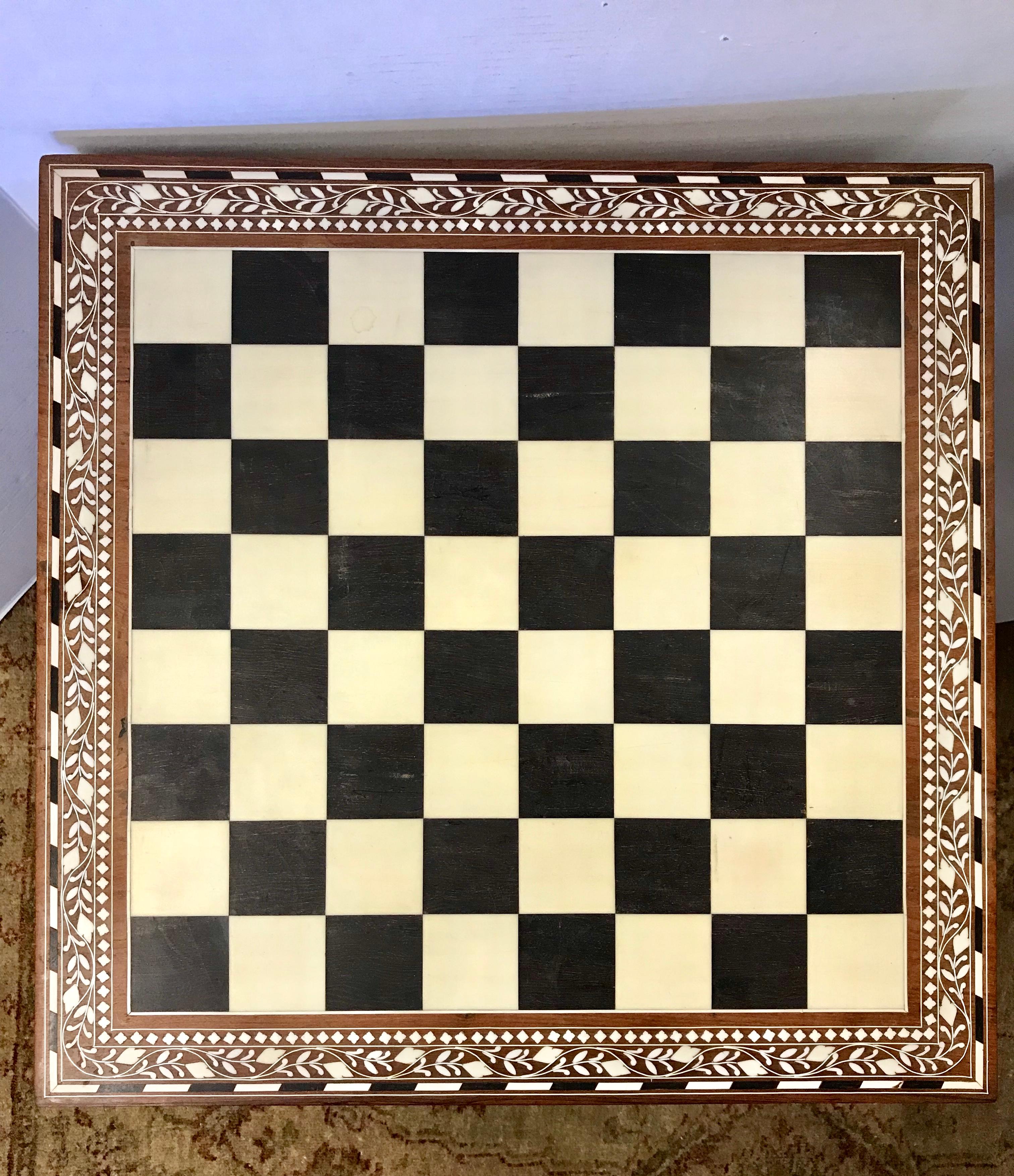 Mid-20th Century Carved Mother of Pearl Chess Game Table Smaller in Scale with Carved Chess Set