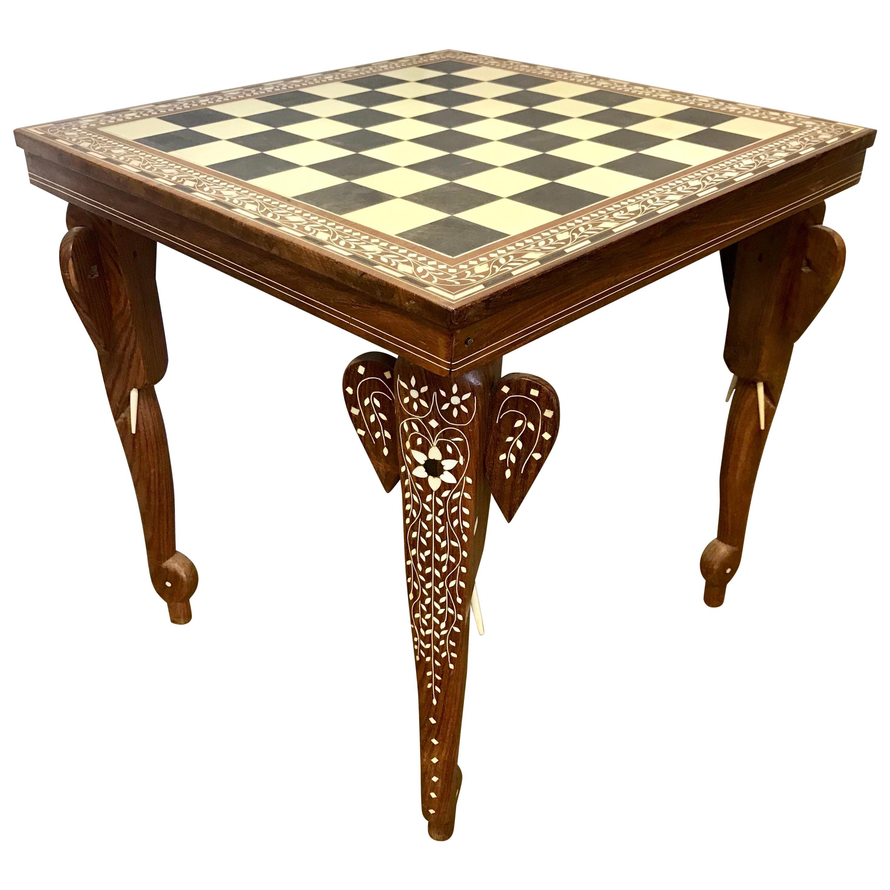 Carved Mother of Pearl Chess Game Table Smaller in Scale with Carved Chess Set