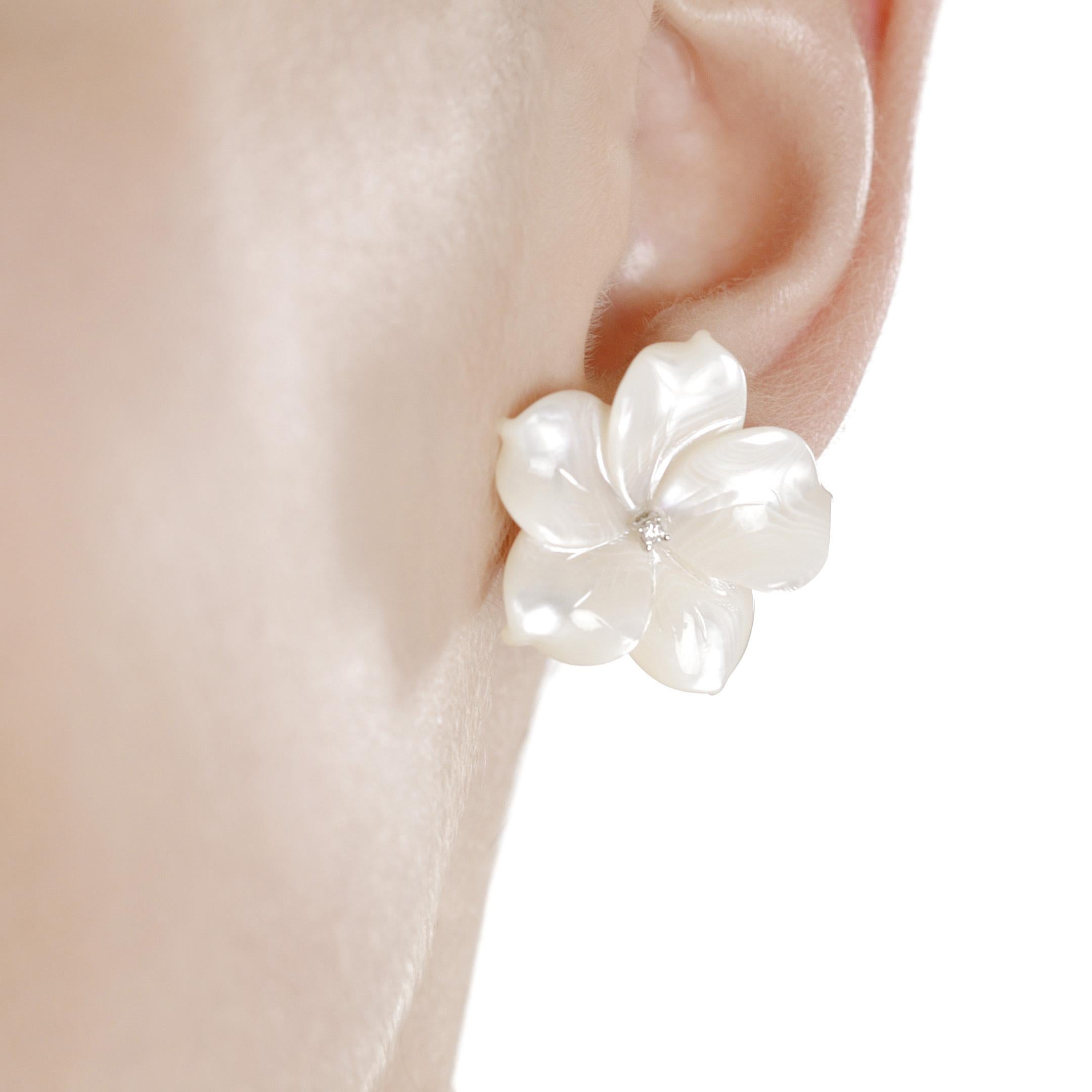 Rose Cut Carved Mother of Pearl Diamond Flower 18k White Gold Stud Cocktail Earrings For Sale