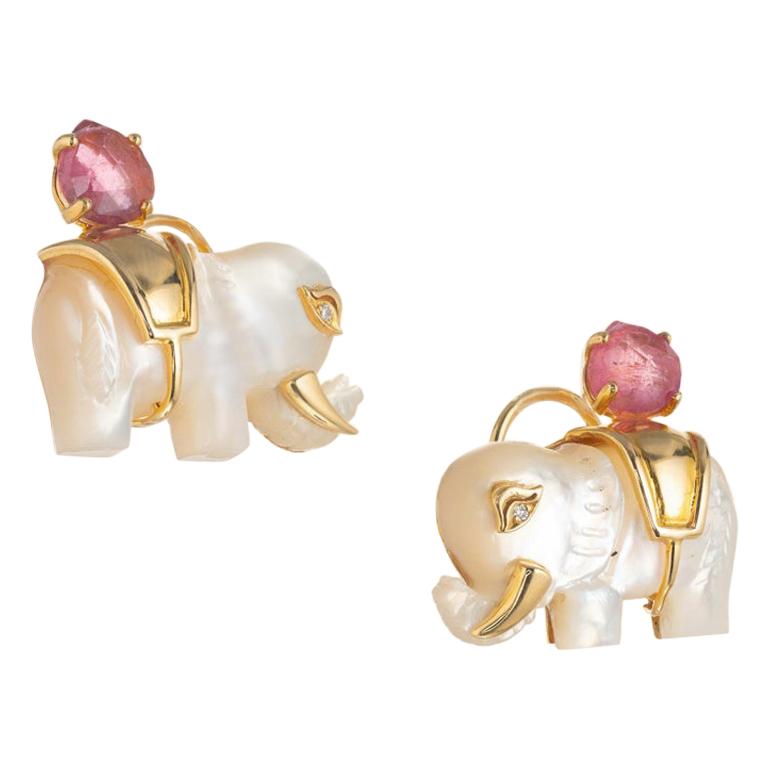 Carved Mother of Pearl Diamond Pink Tourmaline Yellow Gold Elephant Earrings For Sale