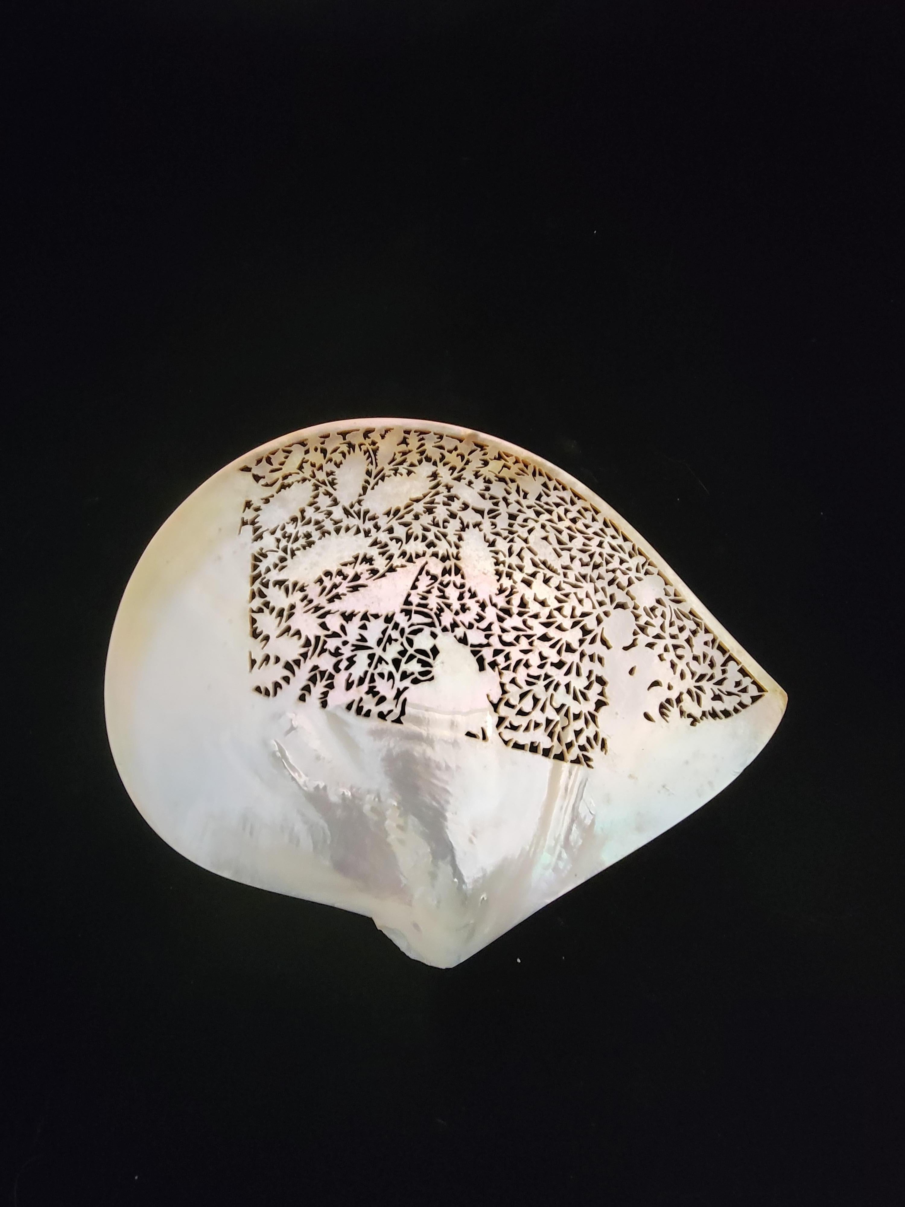 Chinese Export Carved Mother of Pearl Display Shell, Reticulated with Stand