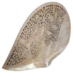 Antique Carved Mother of Pearl Display Shell, Reticulated with Stand