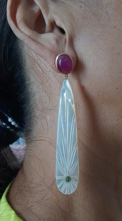 Carved Mother Of Pearl Drops Ruby Cab Emerald Cab Gold Dangle Earrings