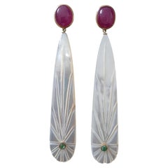 Carved Mother Of Pearl Drops Ruby Cab Emerald Cab Gold Dangle Earrings