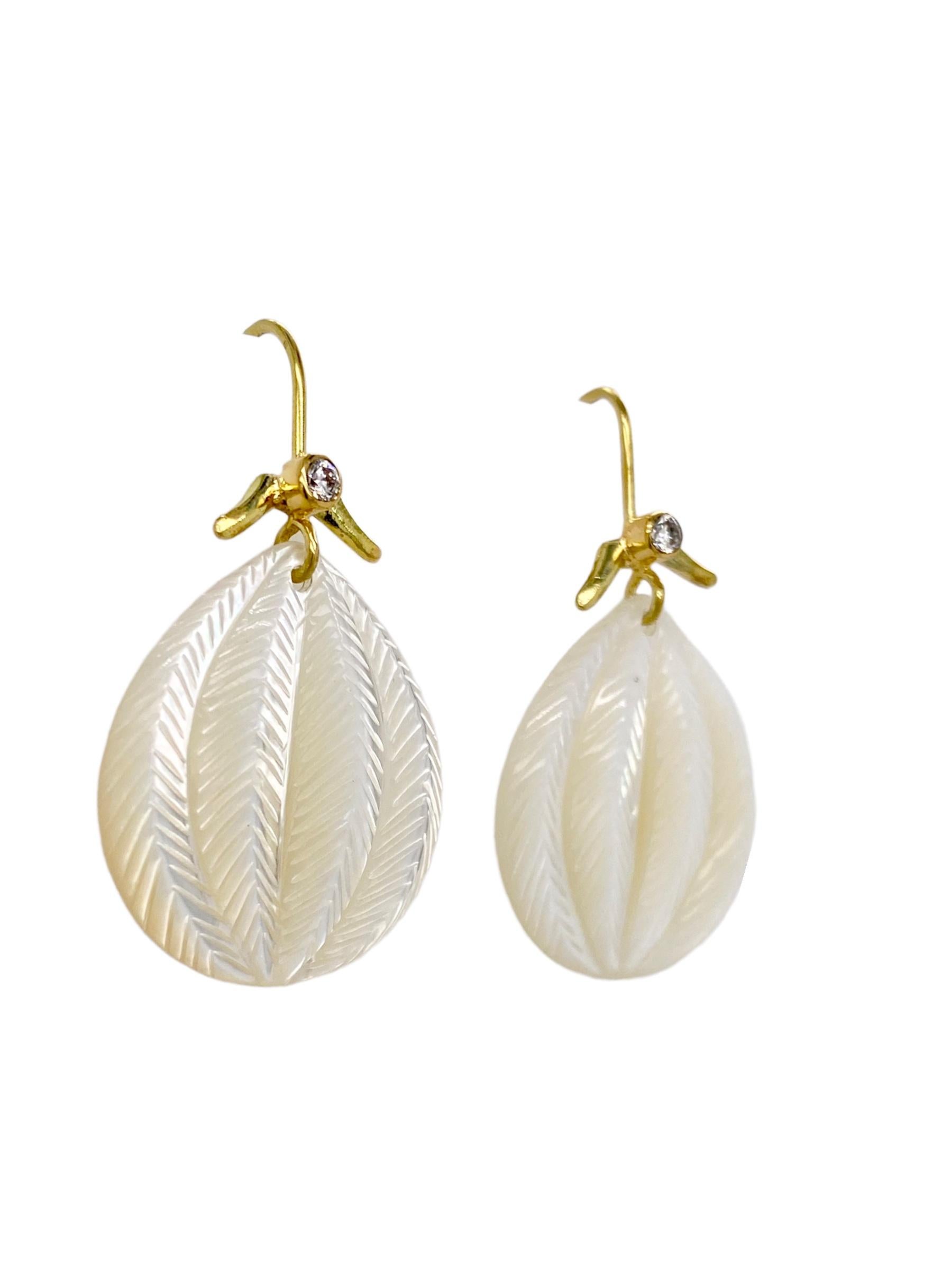Brilliant Cut Carved Mother of Pearl earring with Sea Urchin Design w/ Diamonds by K. Ataumbi For Sale