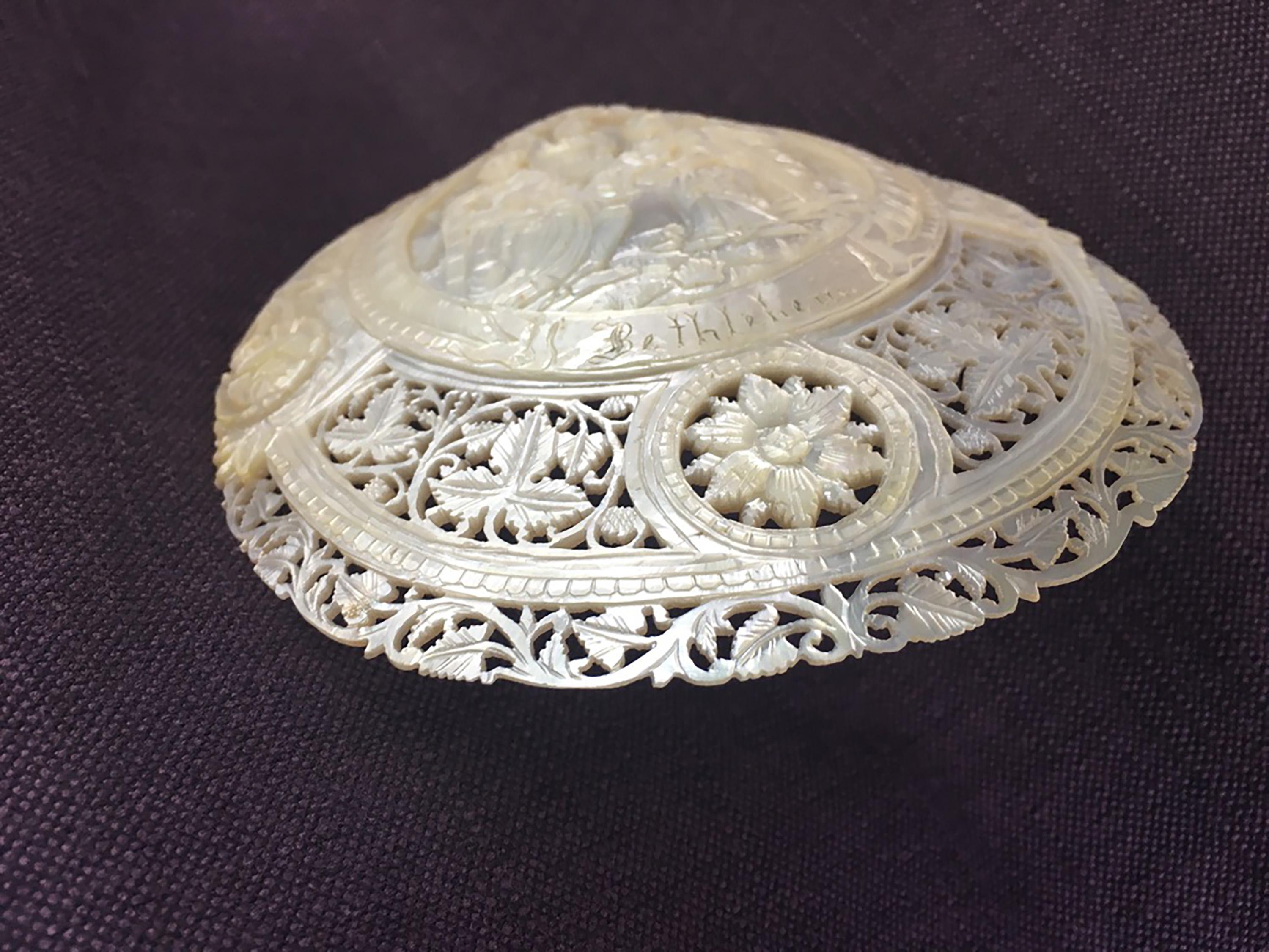 Victorian Carved Mother of Pearl Shell with Nativity Scene For Sale