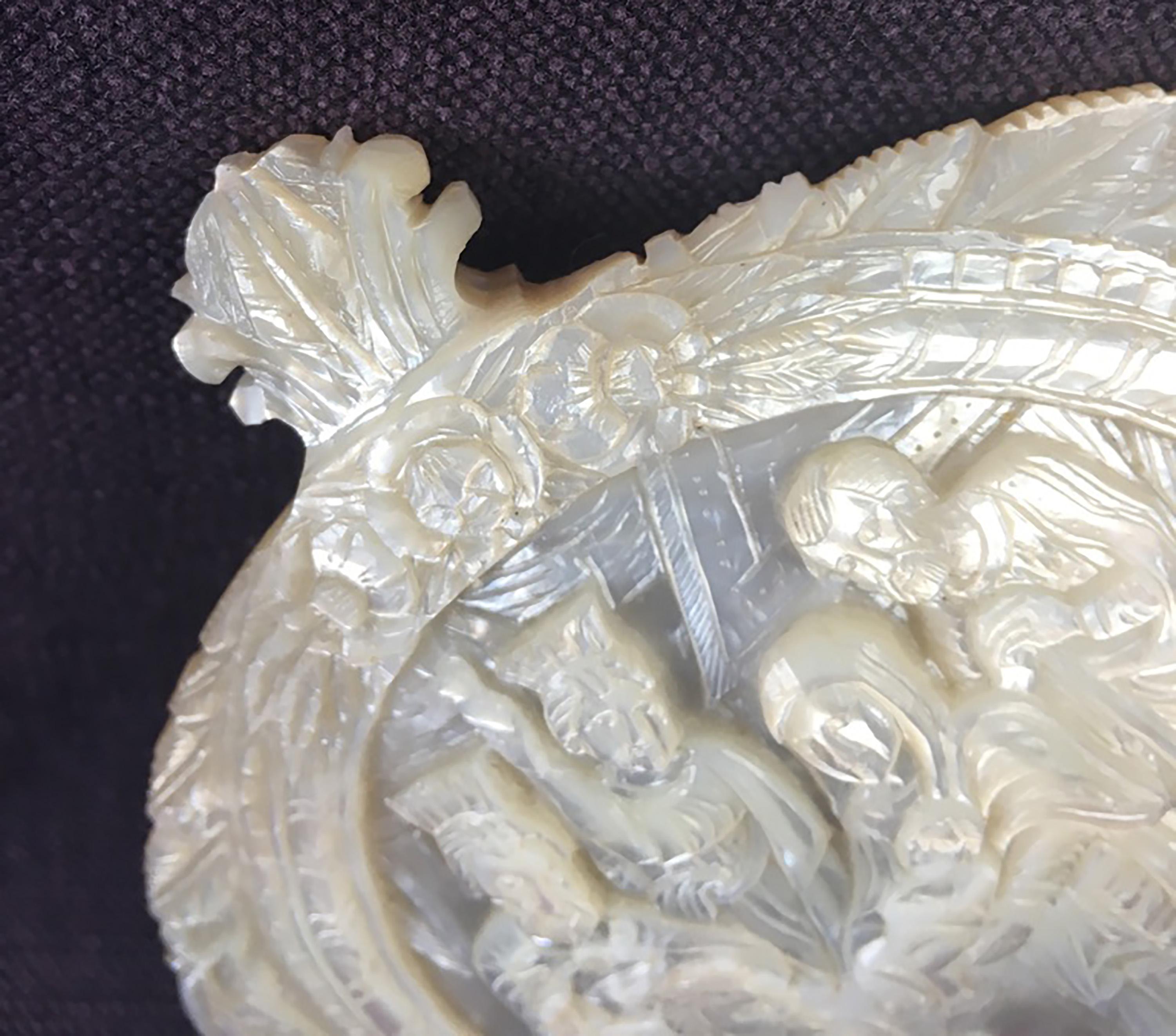 Chinese Carved Mother of Pearl Shell with Nativity Scene For Sale