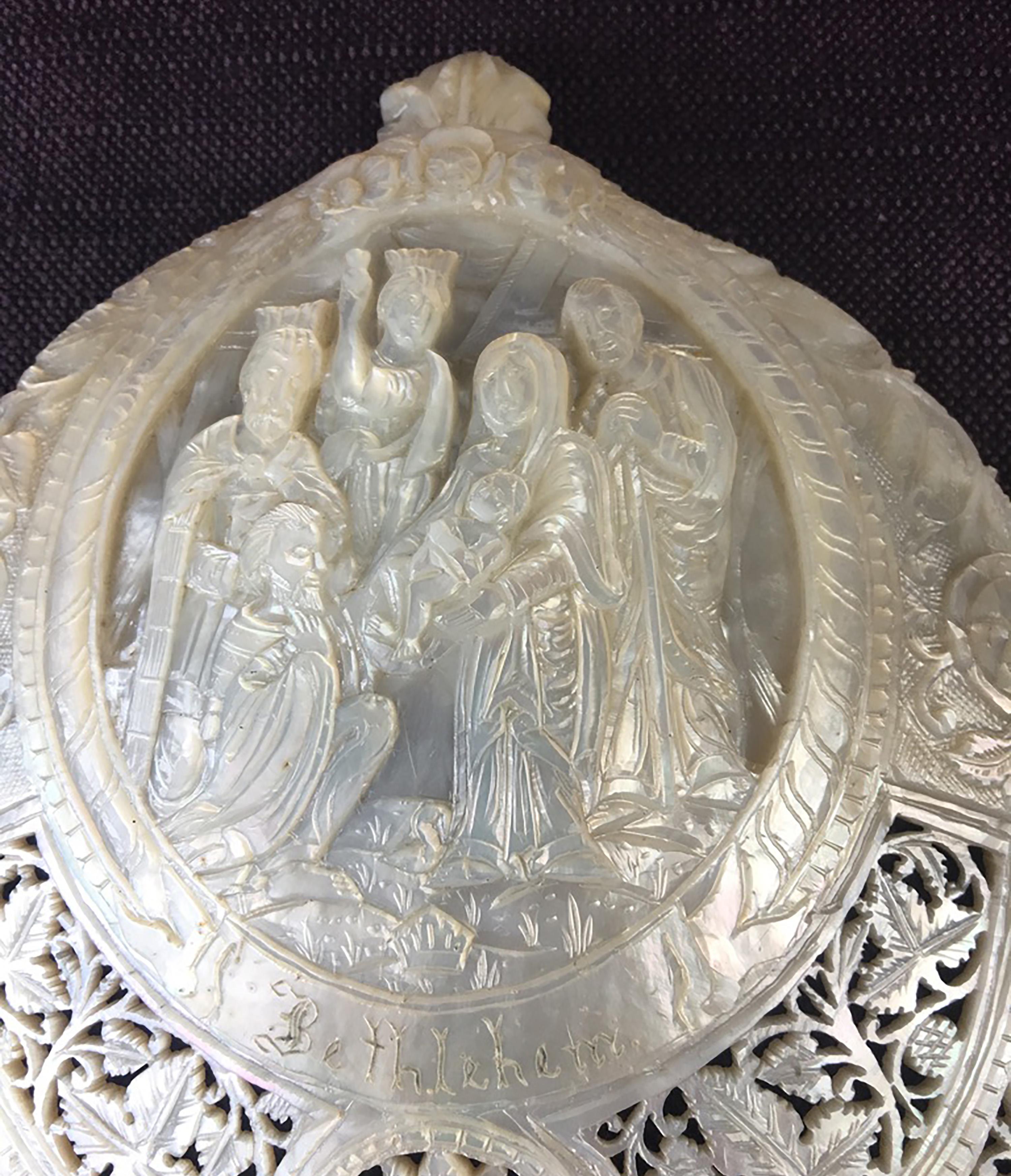 Mid-19th Century Carved Mother of Pearl Shell with Nativity Scene For Sale