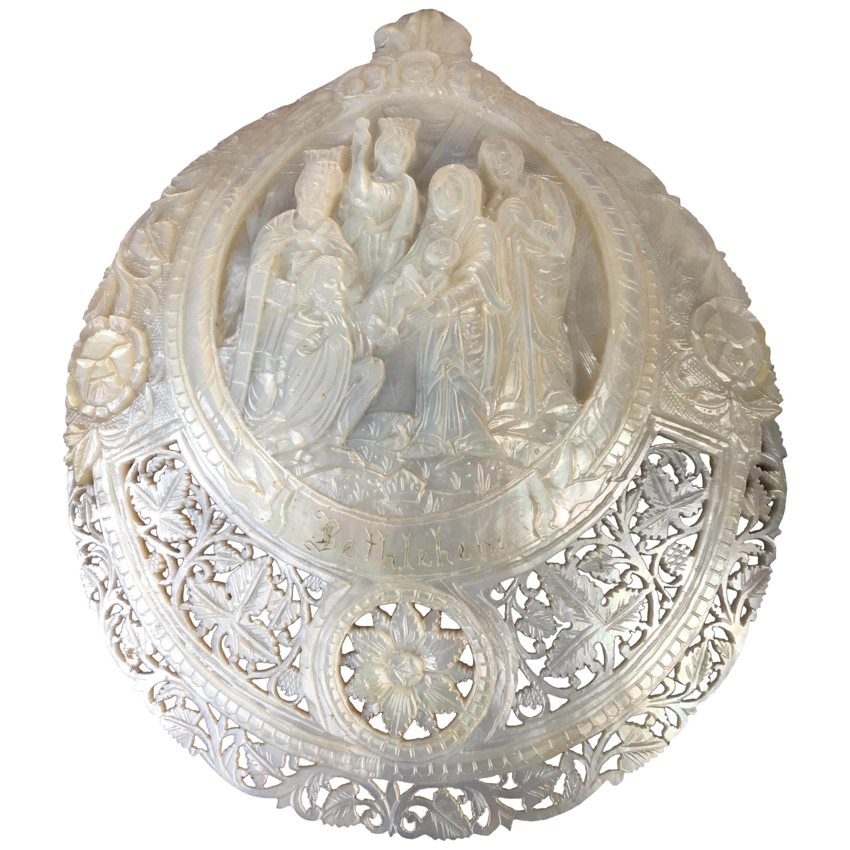 Carved Mother of Pearl Shell with Nativity Scene For Sale