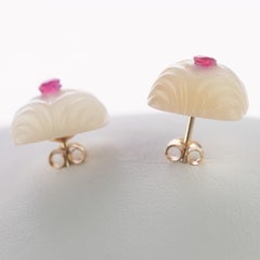 Carved Mother of Pearl Square Cabochon Ruby 14 Karat Gold Chic Stud Earrings