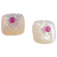Carved Mother of Pearl Square Cabochon Ruby 14 Karat Gold Chic Stud Earrings