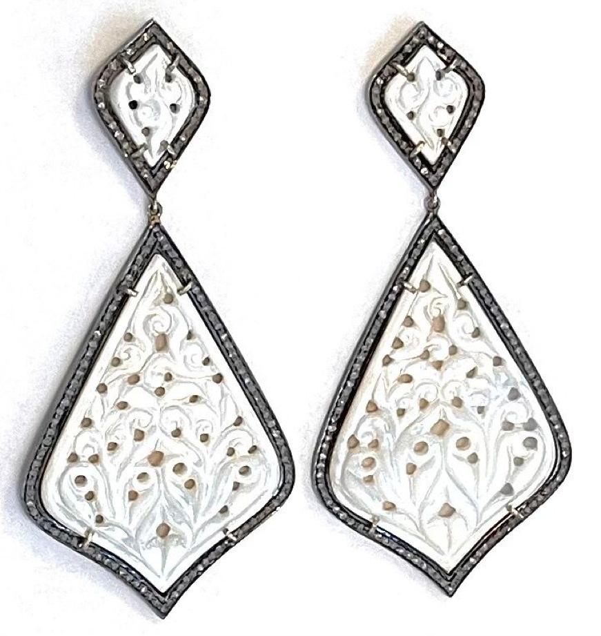 Bead Carved Mother of Pearl with Pave Diamonds Earring For Sale