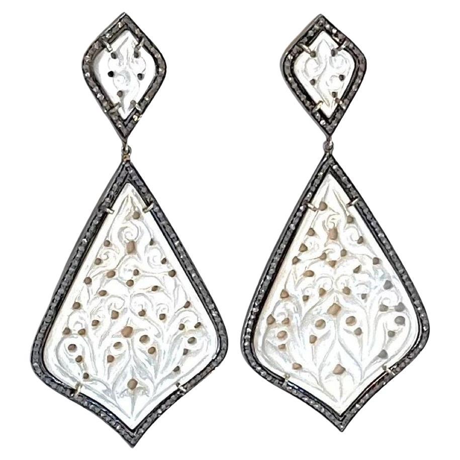 Carved Mother of Pearl with Pave Diamonds Earring For Sale