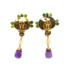 Carved Mother of Pearls Jade Amethyst 18 Karat Gold Earrings