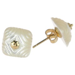 Carved Mother Pearl Square Natural Cabochon 18 Karat Gold Flower Stud Earrings