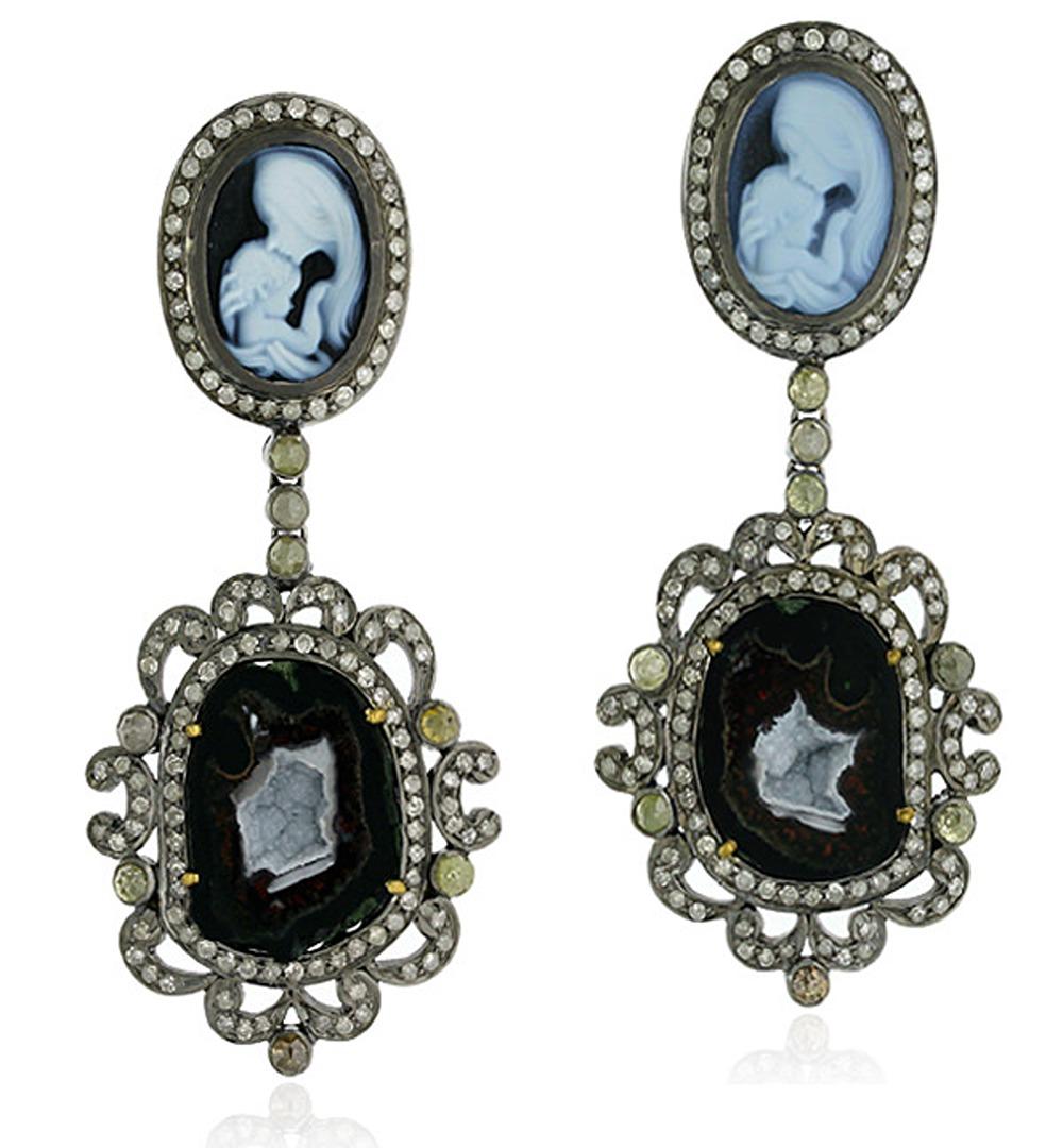 Contemporary Carved Mother's Love Image on Shell Cameo Earrings with Sliced Geode & Diamonds For Sale