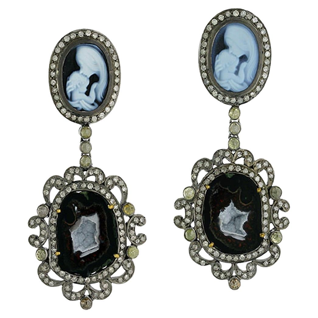 Carved Mother's Love Image on Shell Cameo Earrings with Sliced Geode & Diamonds For Sale