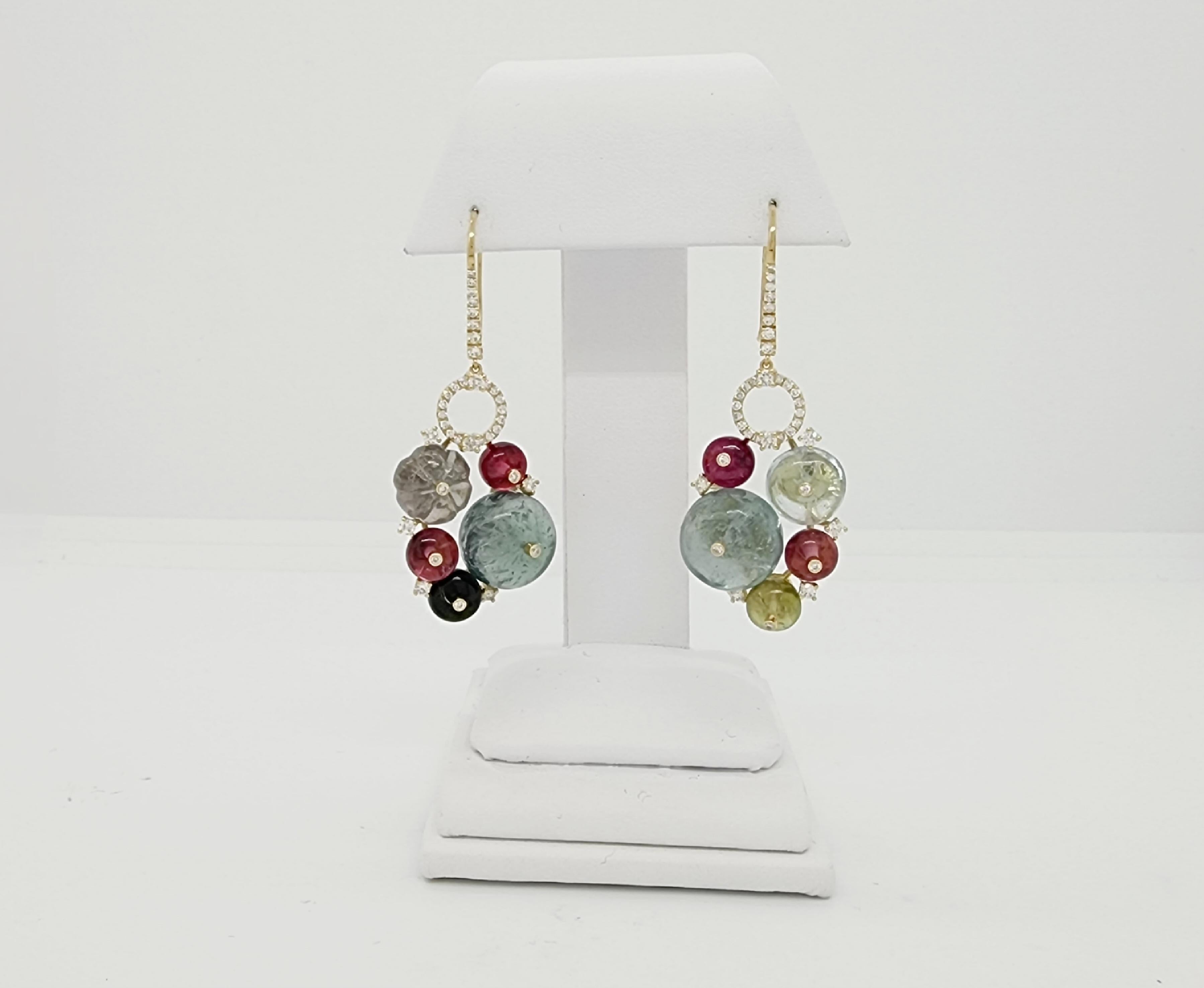 Carved Multi Color Tourmaline and White Diamond Dangle Earrings In New Condition For Sale In Los Angeles, CA