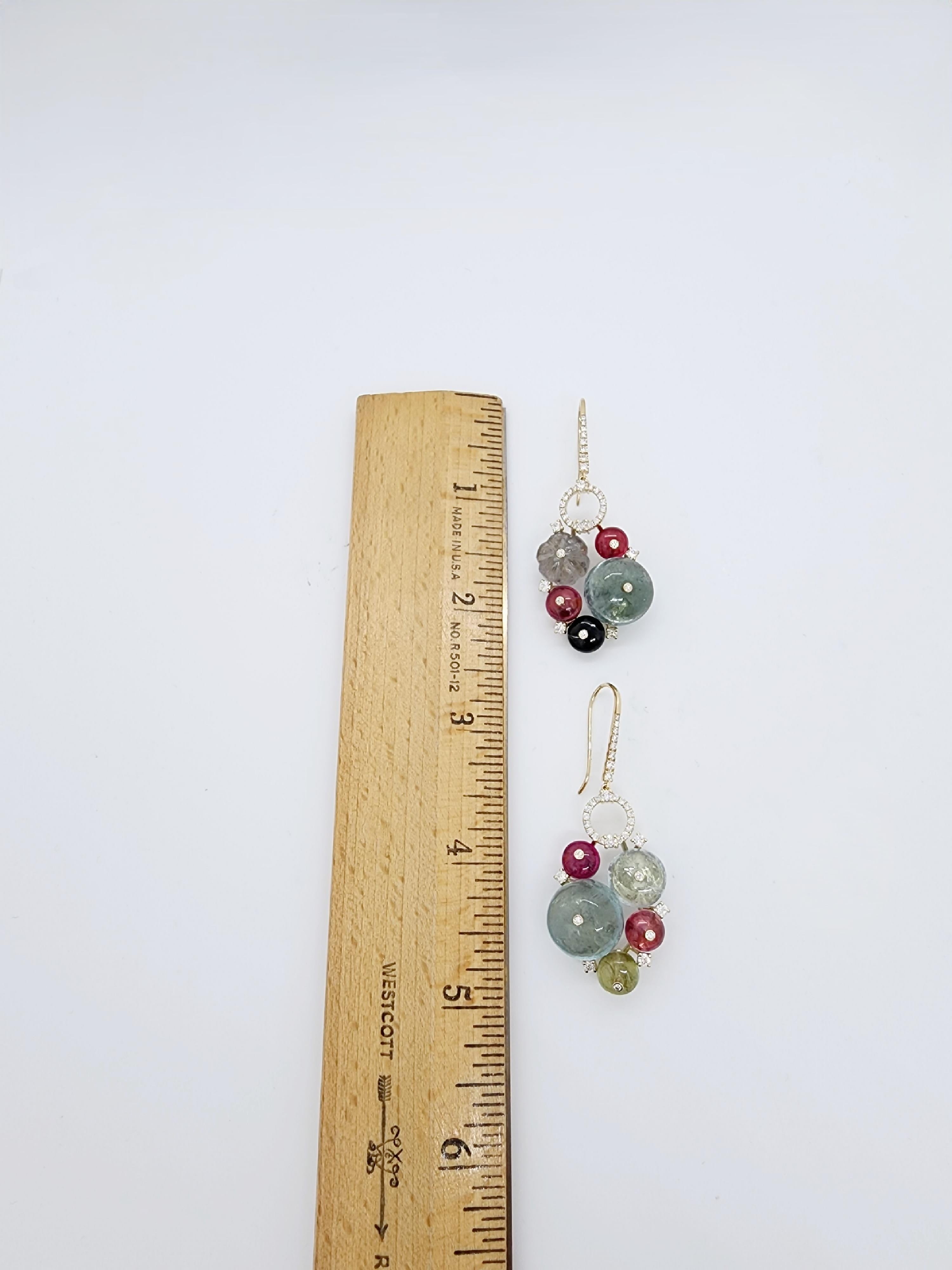 Carved Multi Color Tourmaline and White Diamond Dangle Earrings For Sale 1