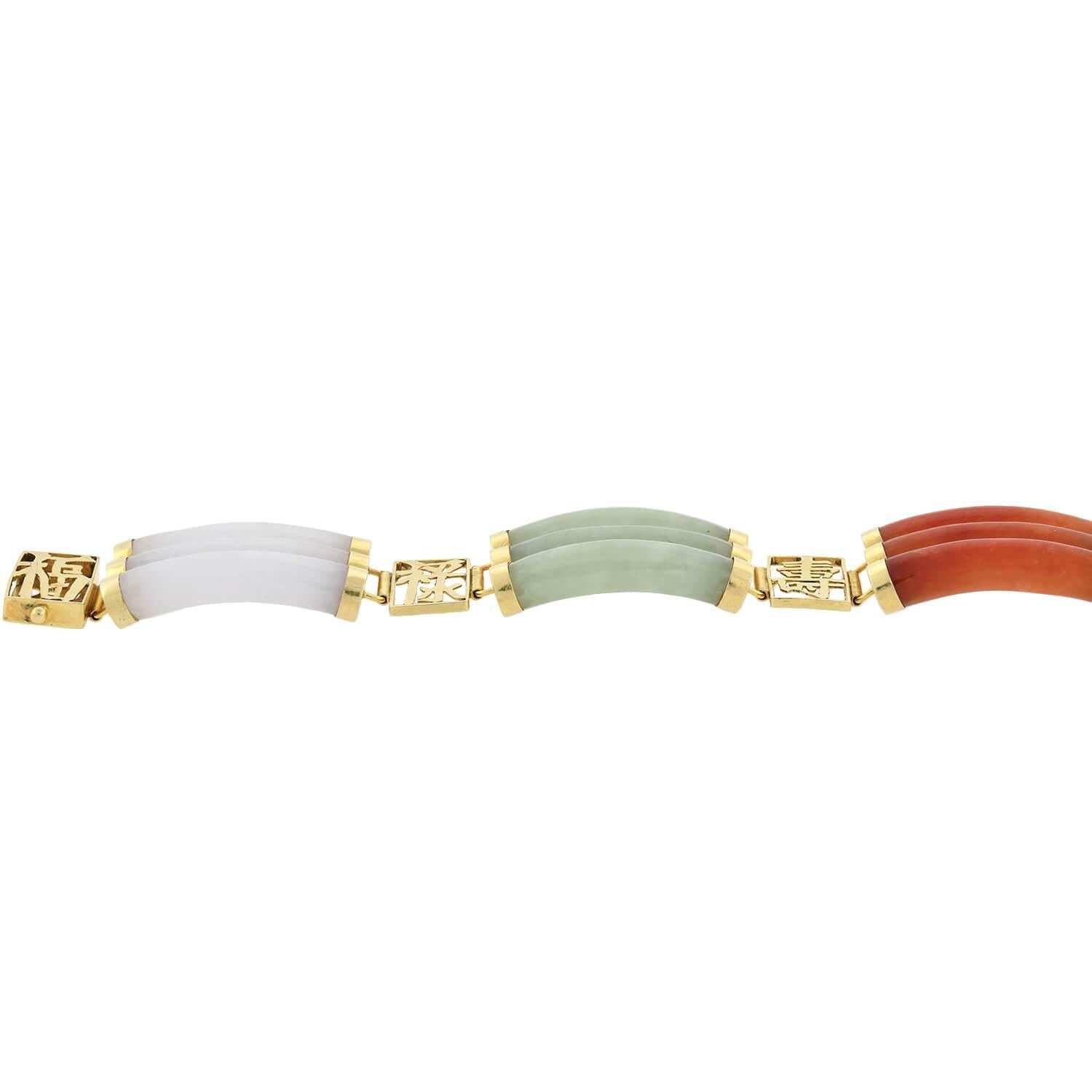 Mixed Cut Carved Multi-Colored Jade Link Bracelet For Sale