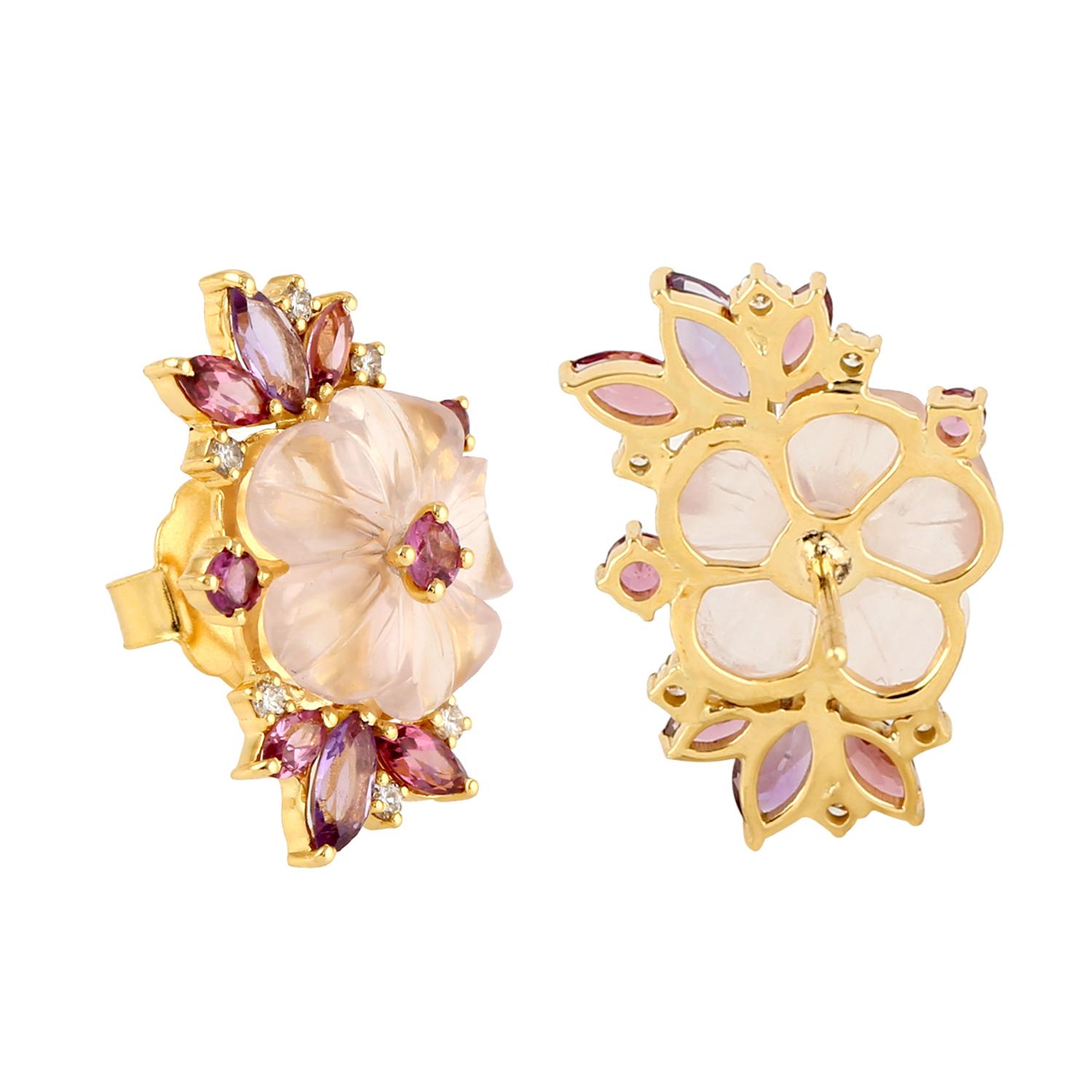 Modern Carved Multi Gemstone 14 Karat Gold Flower Diamond Stud Earrings For Sale
