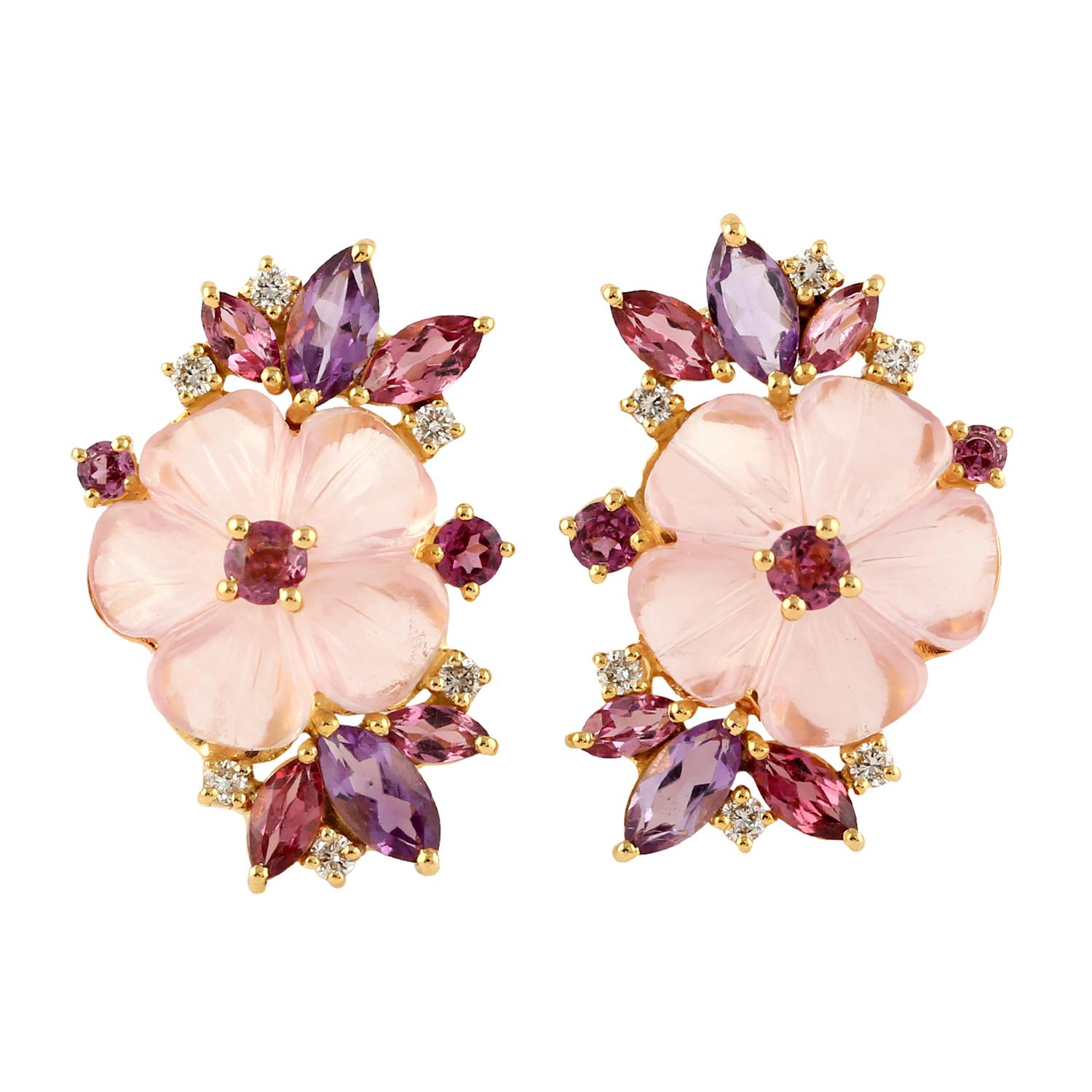 Mixed Cut Carved Multi Gemstone 14 Karat Gold Flower Diamond Stud Earrings For Sale