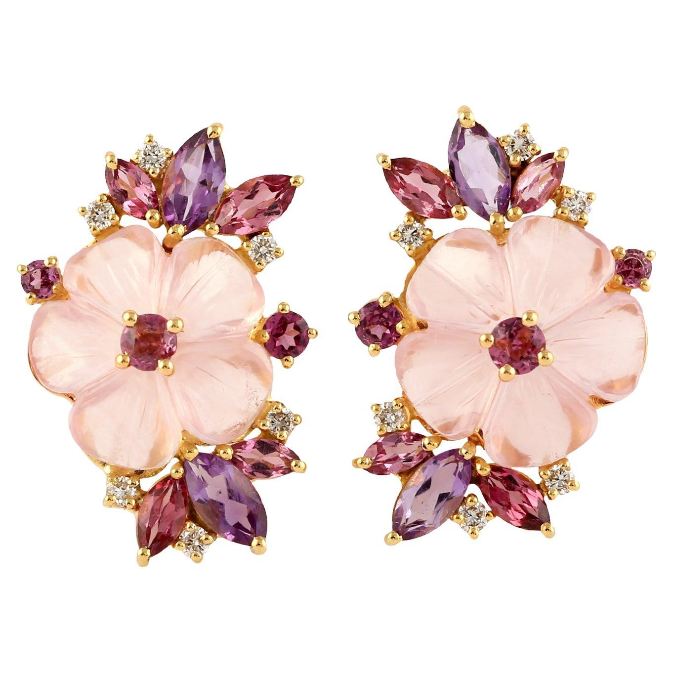Carved Multi Gemstone 14 Karat Gold Flower Diamond Stud Earrings For Sale