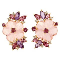 Carved Multi Gemstone 14 Karat Gold Flower Diamond Stud Earrings