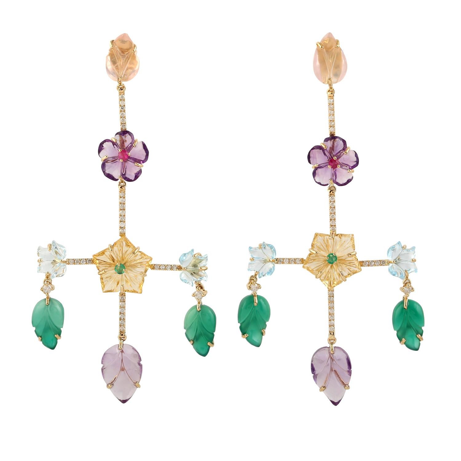 Modern Carved Multi Gemstone 14 Karat Gold Flower Diamond Chandelier Earrings For Sale
